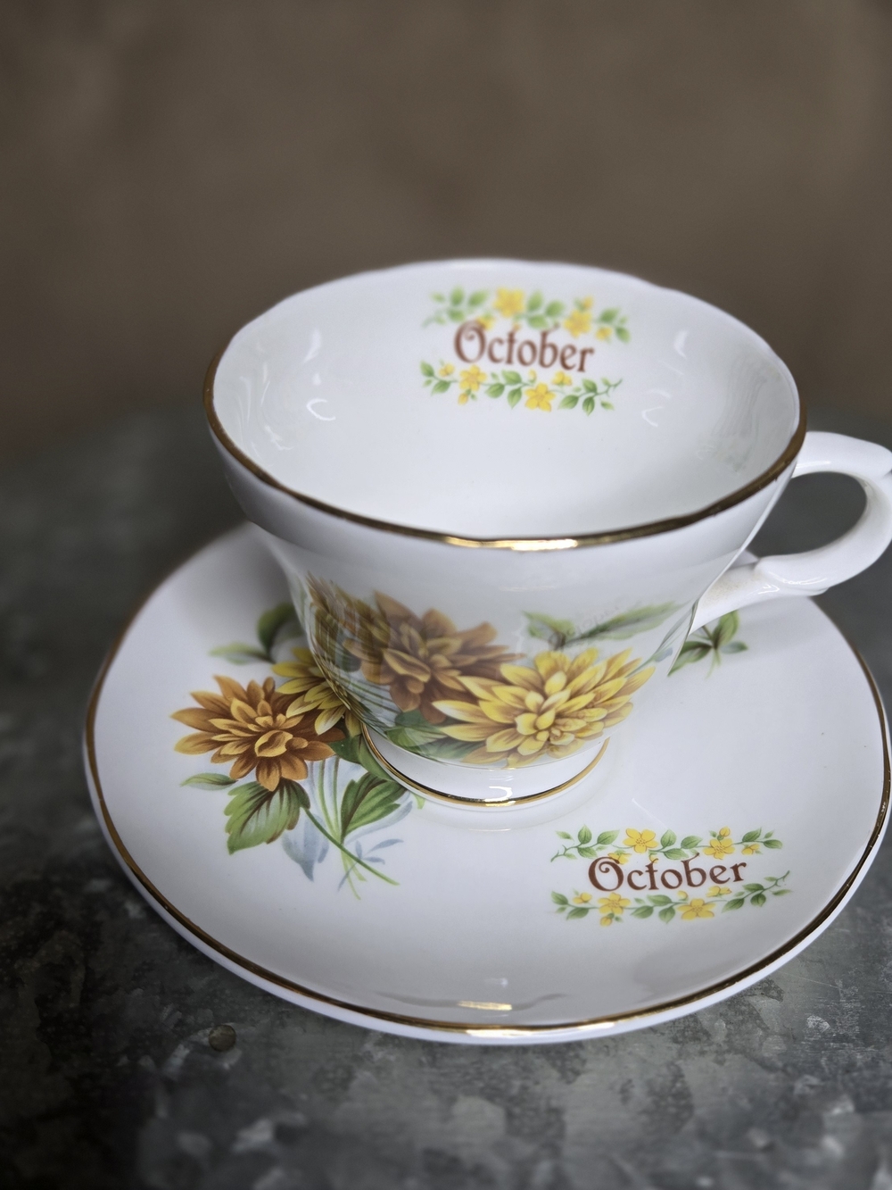Vintage Crown Trent October Flower of the Month Fine Bone China Teacup & Saucer